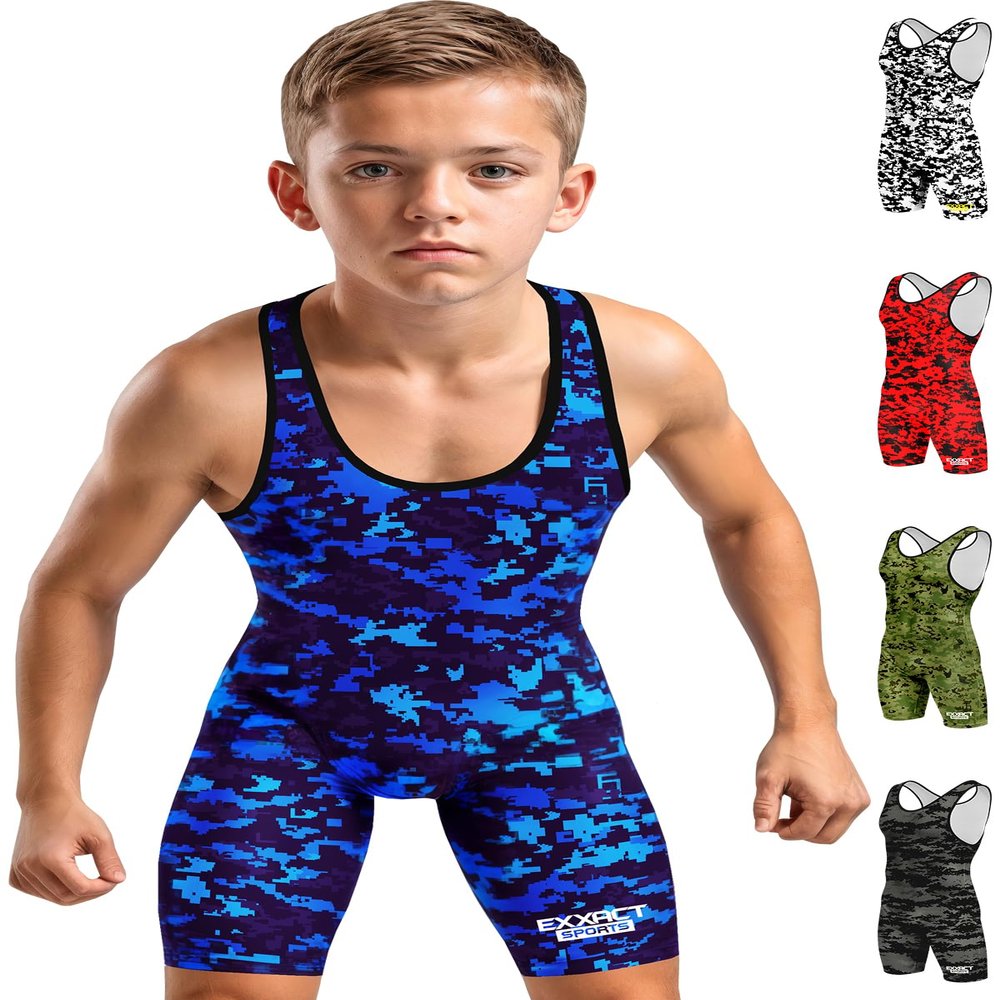 Exxact Sports Digital Camouflage Youth Wrestling Singlet For Boys, Premium Powerlifting Singlet, Kids Wrestling Singlets For Training (YL, Blue Camo)