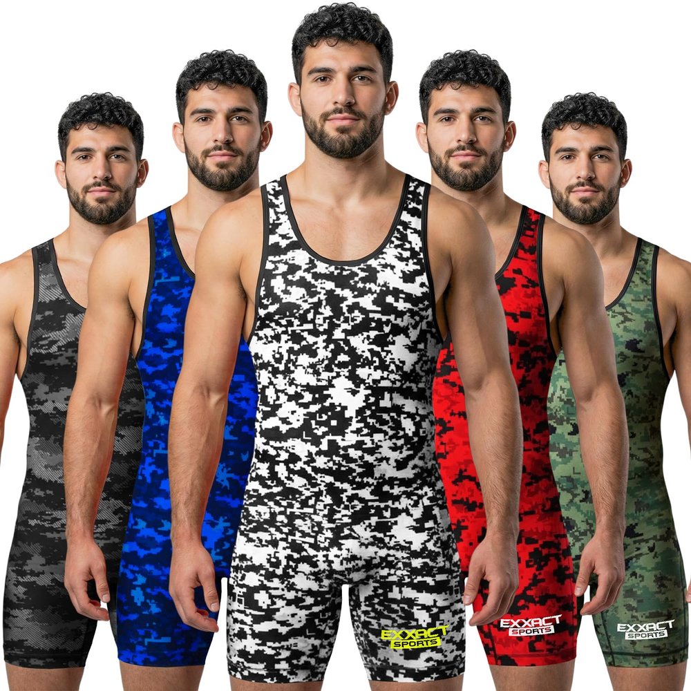 Exxact Sports Digital Camouflage Men's Wrestling Singlet, High-Performance Powerlifting Singlet, Wrestling Singlets for Men (A2XL, White/Black Camo)