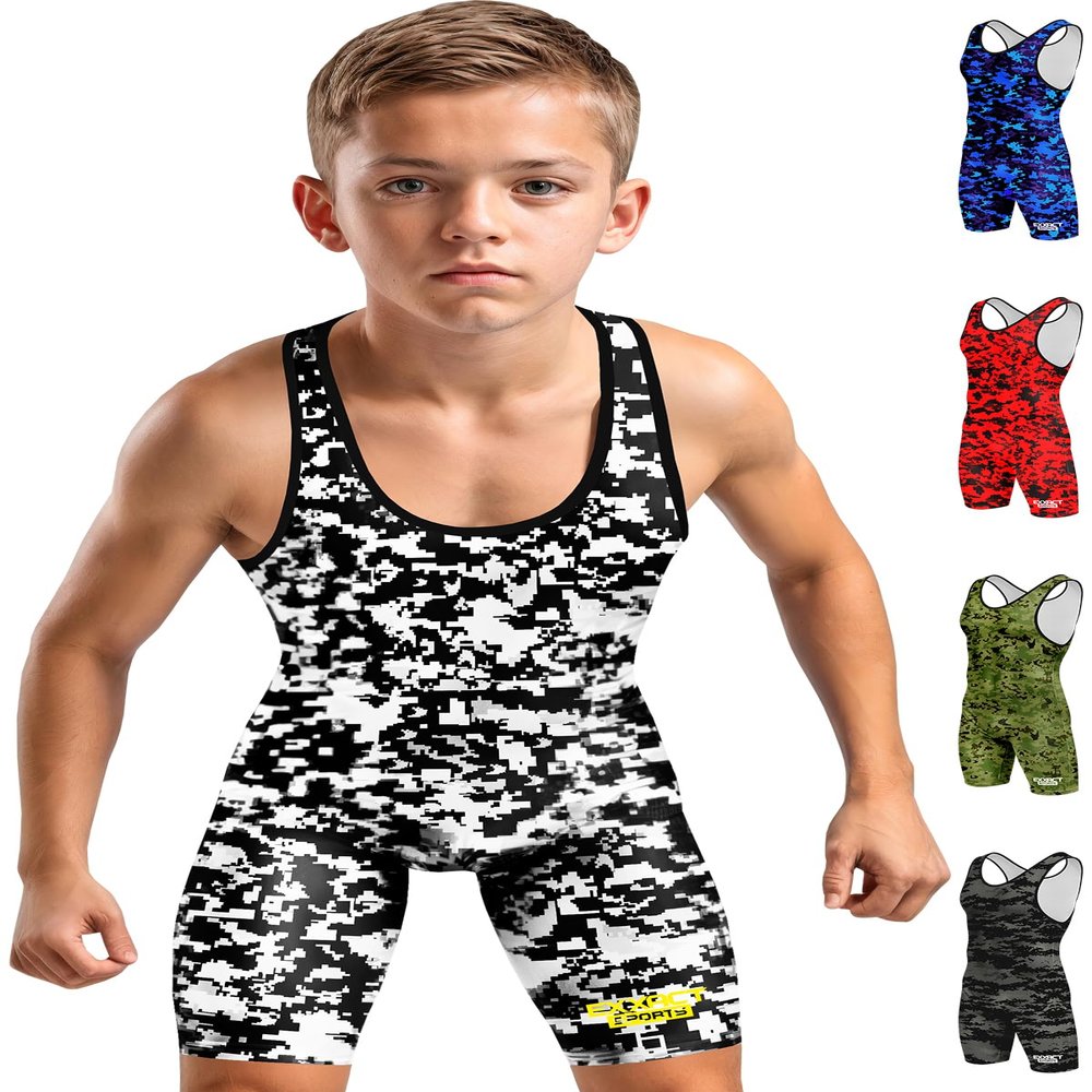 Exxact Sports Digital Camouflage Youth Wrestling Singlet For Boys, Premium Powerlifting Singlet, Kids Wrestling Singlets For Training (YS, White/Black Camo)