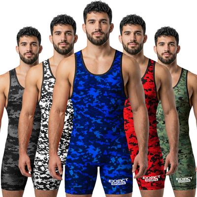 Exxact Sports Digital Camouflage Men's Wrestling Singlet, High-Performance Powerlifting Singlet, Wrestling Singlets for Men (AL, Blue Camo)
