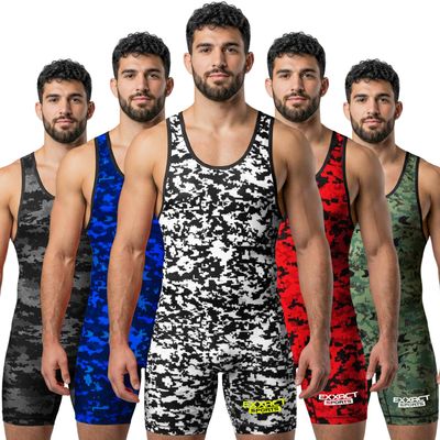 Exxact Sports Digital Camouflage Men's Wrestling Singlet, High-Performance Powerlifting Singlet, Wrestling Singlets for Men (AL, White/Black Camo)