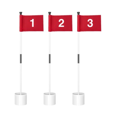 KINGTOP Miniature Golf Flagstick, Practice Putting Green Flags for Yard, Golf Pin Flag Hole Cup Set, 3ft White Flagpole, Indoor | Outdoor, Red Flag Numbered #1 2 3, 3-Pack