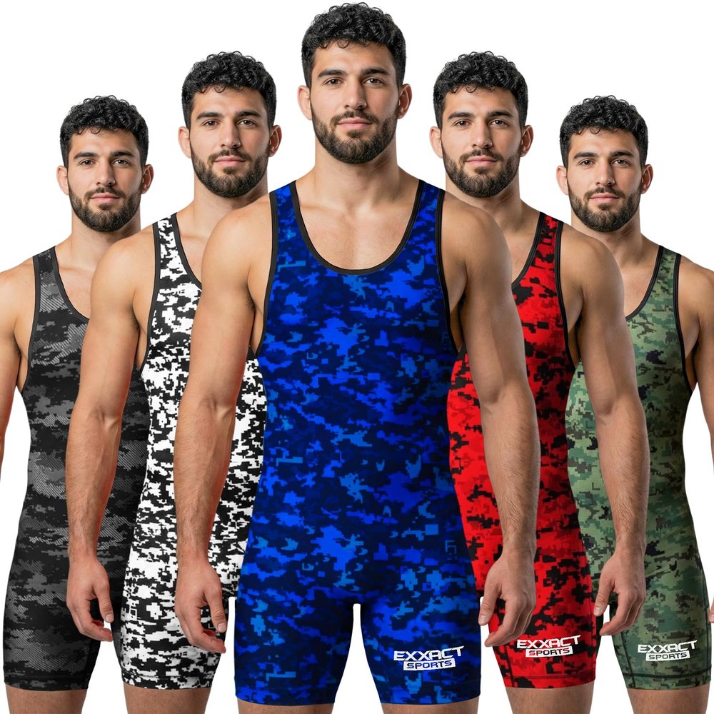 Exxact Sports Digital Camouflage Men's Wrestling Singlet, High-Performance Powerlifting Singlet, Wrestling Singlets for Men (AM, Blue Camo)