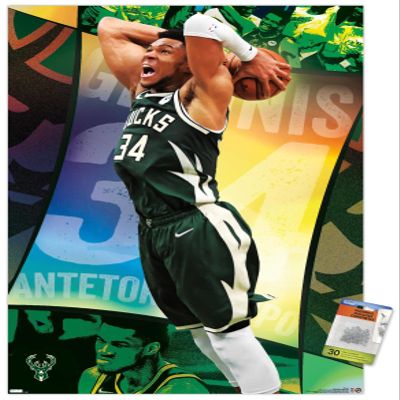 Trends International NBA Milwaukee Bucks - Giannis Antetokounmpo 21 Wall Poster, 22.375" x 34", Premium Poster & Push Pin Bundle
