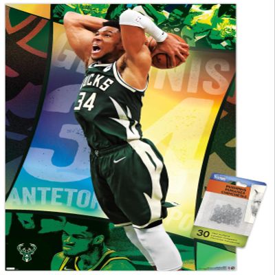 Trends International NBA Milwaukee Bucks - Giannis Antetokounmpo 21 Wall Poster, 14.725" x 22.375", Premium Poster & Push Pin Bundle