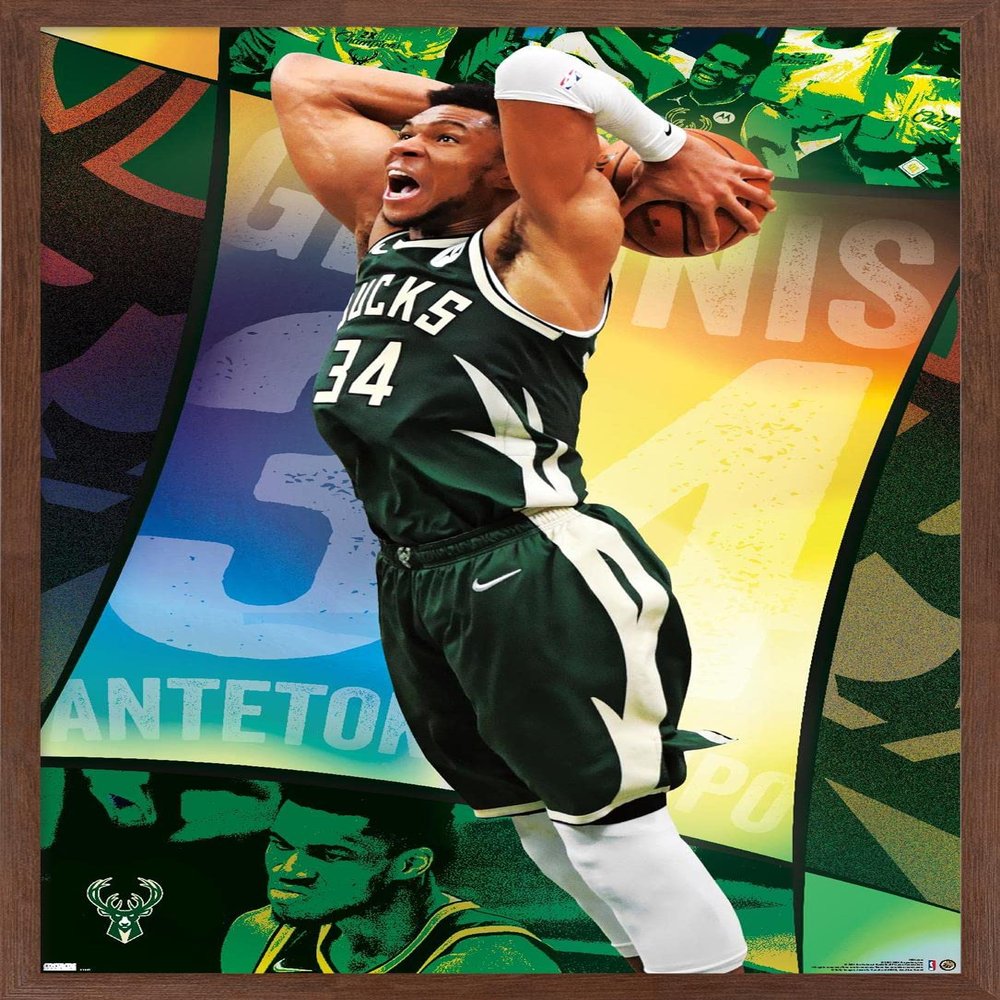 NBA Milwaukee Bucks - Giannis Antetokounmpo 21 Wall Poster, 22.4L" x 14.7W", Mahogany Framed Version