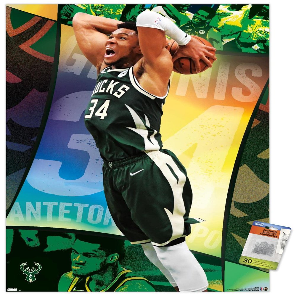 Trends International NBA Milwaukee Bucks - Giannis Antetokounmpo 21 Wall Poster, 22.375" x 34", Poster & Push Pin Bundle