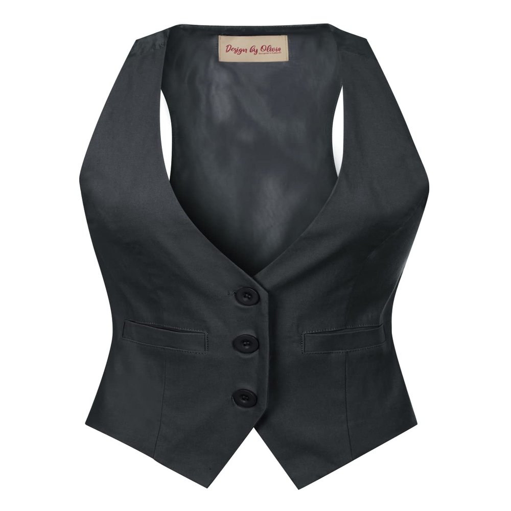 Design by Olivia Women's Dressy Casual Versatile Racerback Vest Three Button Tuxedo Suit Waistcoat Charcoal L