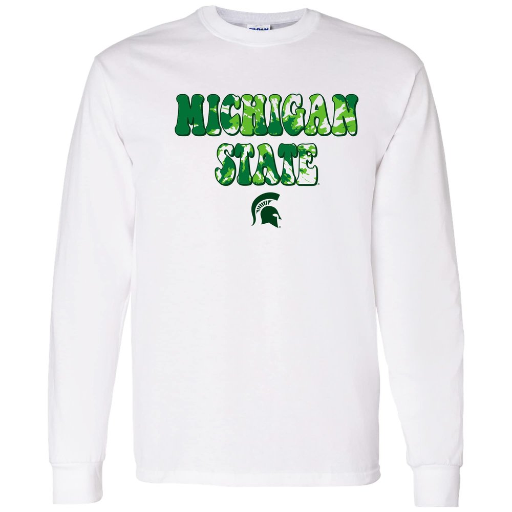 AL1346 - Michigan State Spartans Tie Dye Type Long Sleeve T Shirt - Medium - White