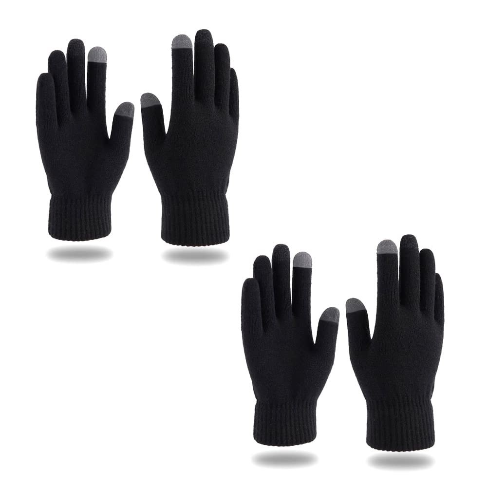 PitLite Touchscreen Knit Gloves Winter Magic Stretch Gloves Unisex Warm Full Fingers Touch Screen Gloves (2 Pairs, Black_Touchscreen)