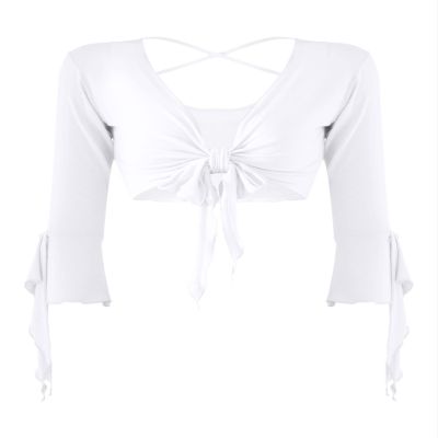 Hularka Women Tribal Belly Dance Yoga Costume Wrap Top 3/4 Sleeve Lace-up Crop Top for Christmas White One Size