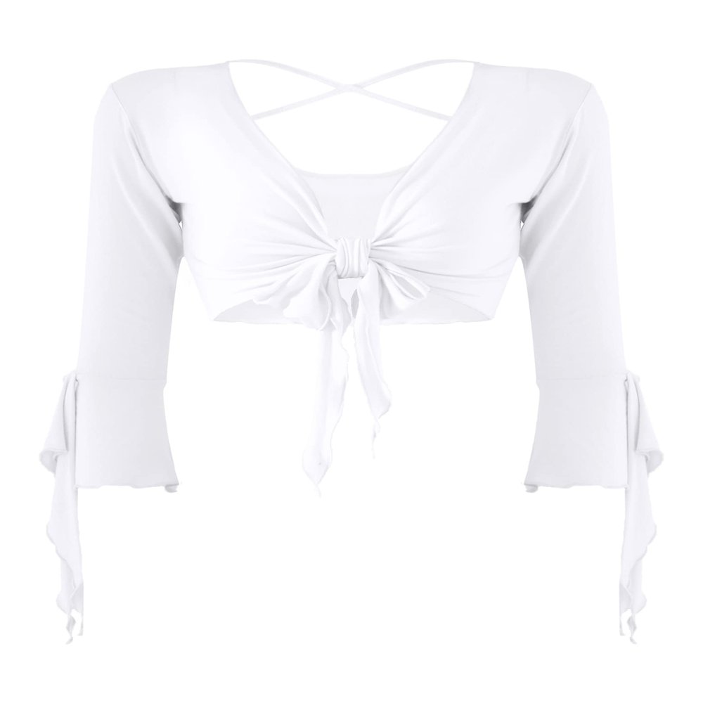 Hularka Women Tribal Belly Dance Yoga Costume Wrap Top 3/4 Sleeve Lace-up Crop Top for Christmas White One Size
