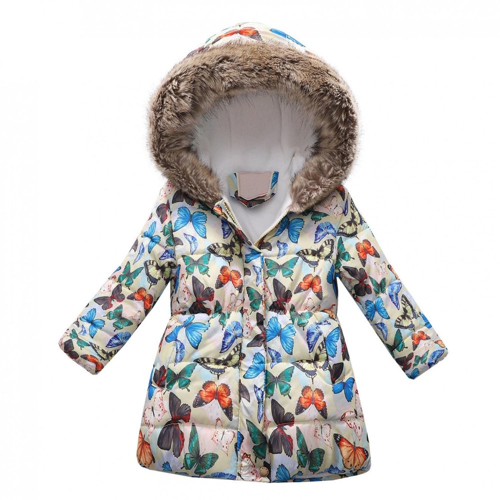 2-11 Years Toddler Baby Kids Girls Winter Long-Sleeved Parkas Hooded Fur Collar Plush Padded Warm Long Padded Jacket