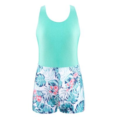 TTAO Kids Girls One Piece Keyhole Back Unitard Jumpsuit Gymnastics Workout Dance Yoga Leotard Bodysuit Green Palm Leaf 4 Years