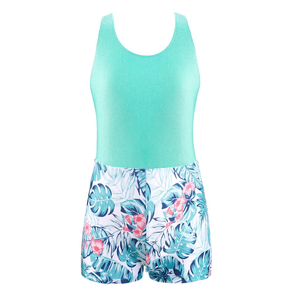 TTAO Kids Girls One Piece Keyhole Back Unitard Jumpsuit Gymnastics Workout Dance Yoga Leotard Bodysuit Green Palm Leaf 4 Years