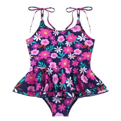 Manyakai Kids Girls Ruffle Flounce Swimwear One Piece Self Tie Straps Bathing Suit Bikini Swimsuit Navy Blue Floral 16 Years