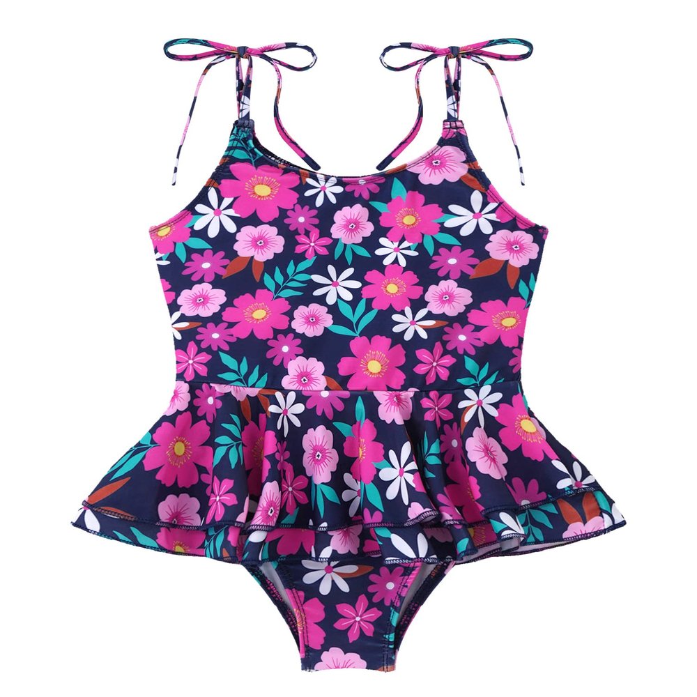 Manyakai Kids Girls Ruffle Flounce Swimwear One Piece Self Tie Straps Bathing Suit Bikini Swimsuit Navy Blue Floral 16 Years