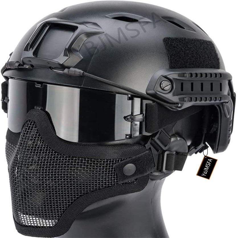 Not a defect Tactical Airsoft Quick Helmet PJ Type and Foldable Half-Face Air Gun Mesh Mask, Safety Goggles with 3 Lenses, Suitable Not a defect Head circumference 54~63CM