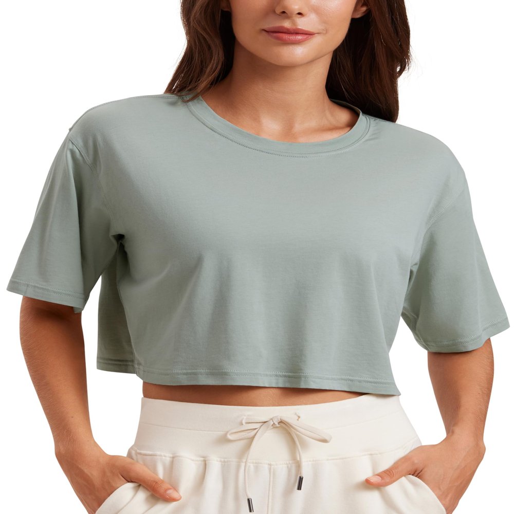 CRZ YOGA Pima Cotton Loose Crop T-Shirts for Women - Workout Yoga Casual Athletic Running Short Sleeve Shirts Crewneck Tops Jade Grey Large