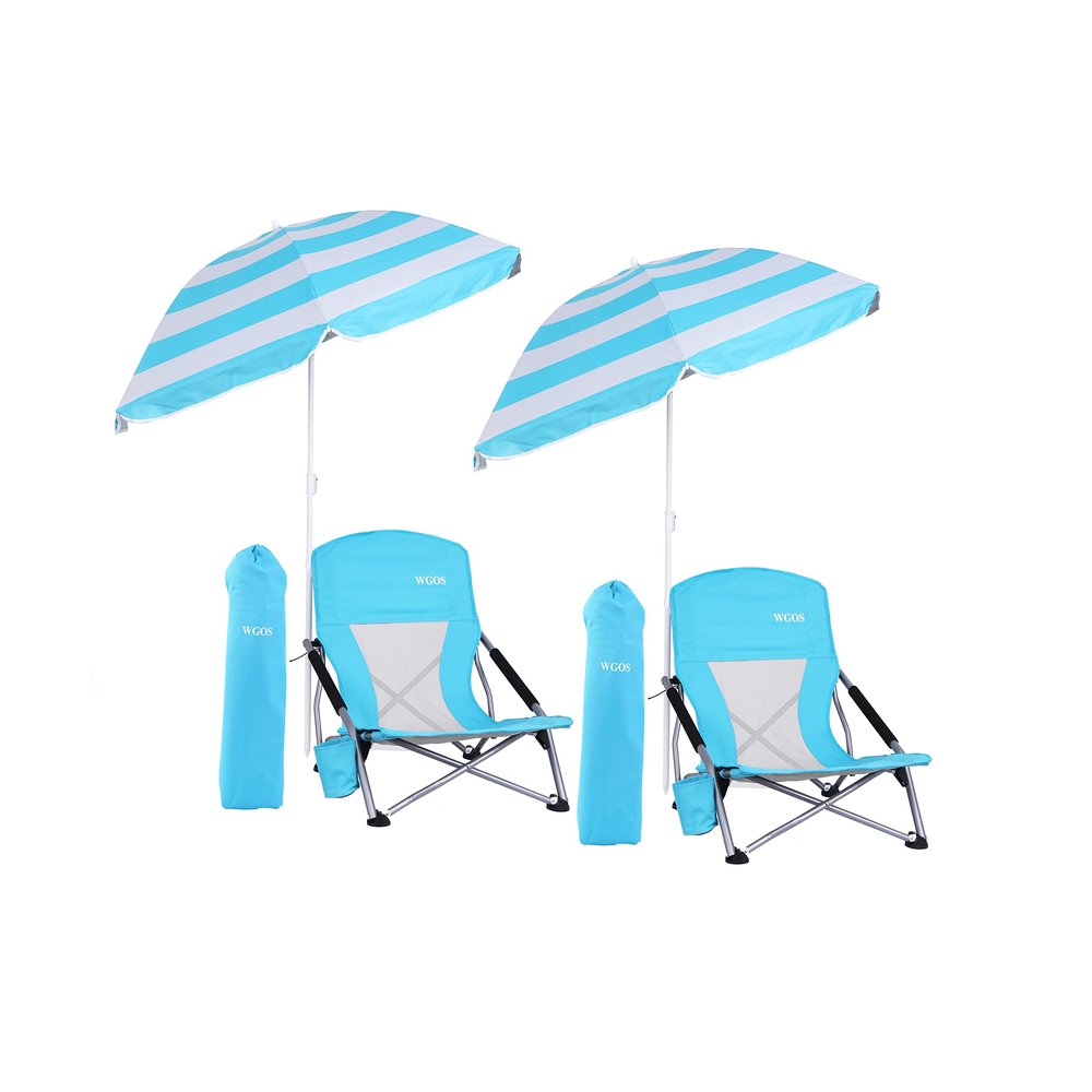 WGOS Beach Chair, Folding Chairs, Portable, Beach Chairs with Umbrella, Chairs with Shade for Adult (2-Pack Blue)