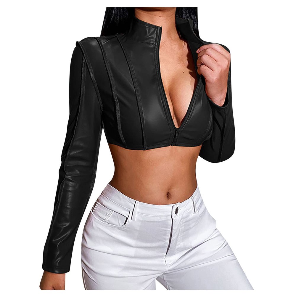 Echoollly Crop Faux Leather Jacket Women Sexy Zipper Front Casual Solid Stand Collar Cropped Jacket Coat Long Sleeve Bolero
