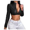 Echoollly Crop Faux Leather Jacket Women Sexy Zipper Front Casual Solid Stand Collar Cropped Jacket Coat Long Sleeve Bolero view 1