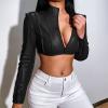 Echoollly Crop Faux Leather Jacket Women Sexy Zipper Front Casual Solid Stand Collar Cropped Jacket Coat Long Sleeve Bolero view 2