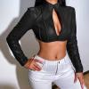 Echoollly Crop Faux Leather Jacket Women Sexy Zipper Front Casual Solid Stand Collar Cropped Jacket Coat Long Sleeve Bolero view 4