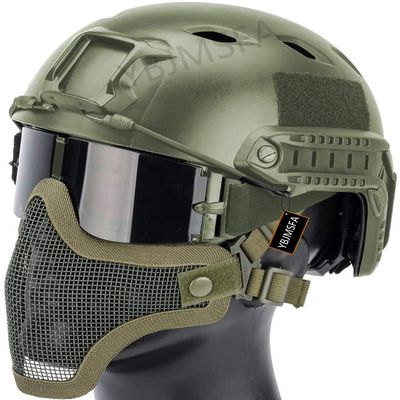 Tactical Airsoft Quick Helmet PJ Type and Foldable Half-Face Air Gun Mesh Mask, Safety Goggles with 3 Lenses, Suitable for CS/Hunting/Paintball/Shooting, Green, Head circumference 54~63CM