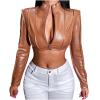 Echoollly Crop Faux Leather Jacket Women Sexy Zipper Front Casual Solid Stand Collar Cropped Jacket Coat Long Sleeve Bolero view 1