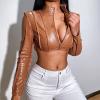 Echoollly Crop Faux Leather Jacket Women Sexy Zipper Front Casual Solid Stand Collar Cropped Jacket Coat Long Sleeve Bolero view 3