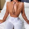 Echoollly Crop Faux Leather Jacket Women Sexy Zipper Front Casual Solid Stand Collar Cropped Jacket Coat Long Sleeve Bolero view 4