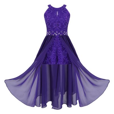 Sywiyi Kids Girls Floral Lace Halter Neck Dance Party Romper Dress Wedding Pageant Maxi Ball Gown Purple 14 Years