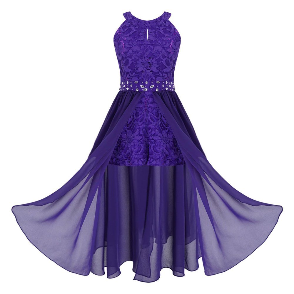 Sywiyi Kids Girls Floral Lace Halter Neck Dance Party Romper Dress Wedding Pageant Maxi Ball Gown Purple 14 Years