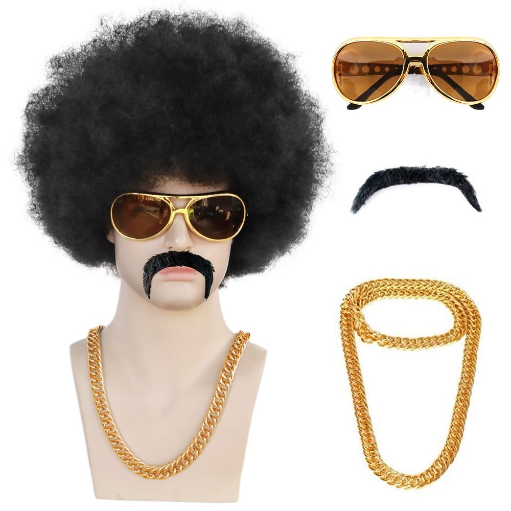 ANOGOL 5pcs Set (Hair Cap+Glasses+Mustache+Necklace) Afro Wig Men 70s 80s Wigs Disco Wig Halloween Short Curly Black Afro Wigs 70s Outfit Disco Costume Rocker Cosplay Party