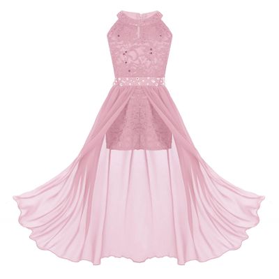 Sywiyi Kids Girls Floral Lace Halter Neck Dance Party Romper Dress Wedding Pageant Maxi Ball Gown Pink 6 Years