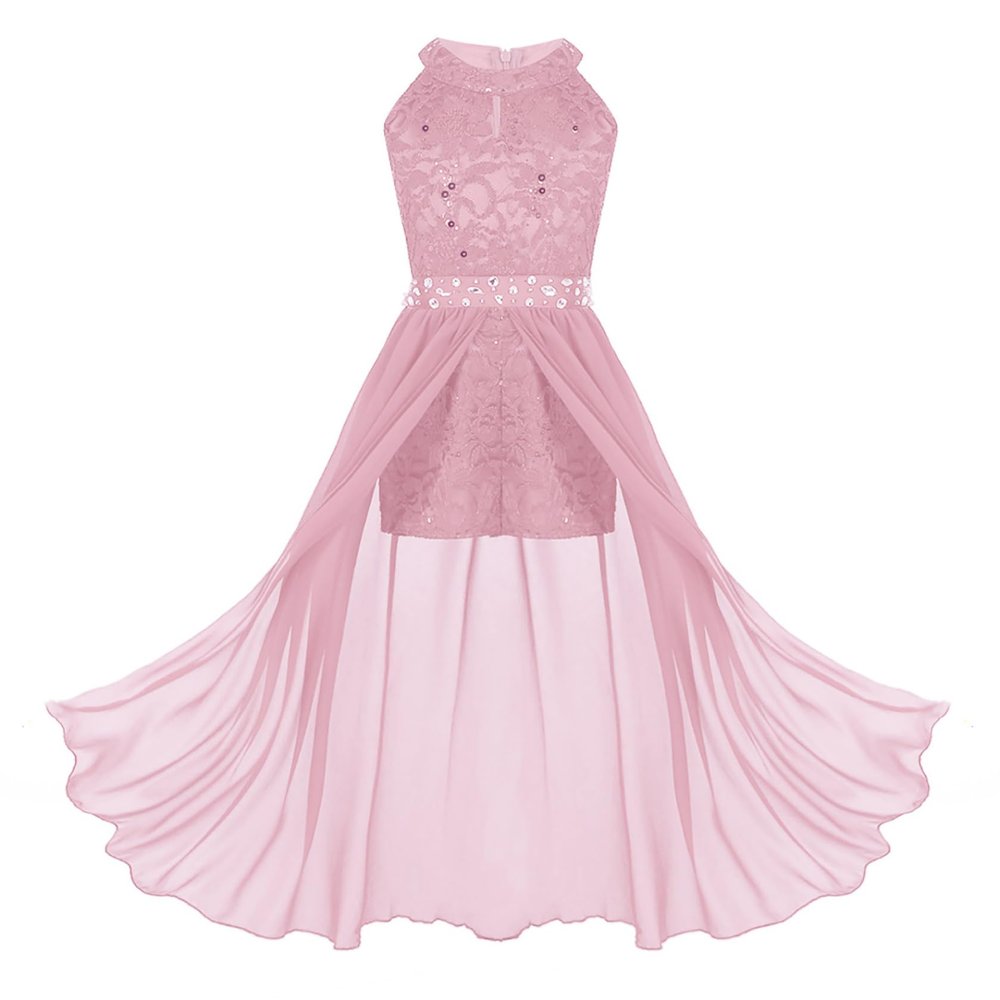 Sywiyi Kids Girls Floral Lace Halter Neck Dance Party Romper Dress Wedding Pageant Maxi Ball Gown Pink 6 Years