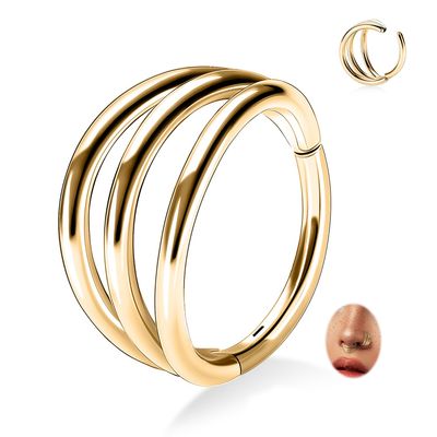 FUNLMO Gold Septum Ring Nose Ring Tragus Helix Conch Rook Daith Piercing Jewelry Triple Hoop Nose Ring Cartilage Hoop Earring 316L Surgical Steel Nose Hoop Lip Ring 20G 8mm