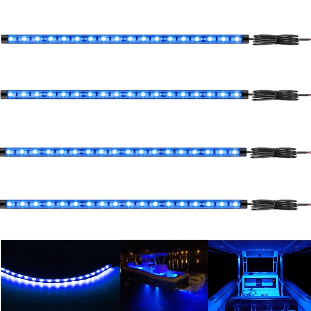 Vbakor Boat Led Strip Lights, 4 Pcs 24'' Marine Interior Courtesy Deck Navigation Lights, Super Bright Waterproof Marine Led Lights Strip for 12V Pontoon Fishing Boat Yacht Kayak Sailboat (Blue)