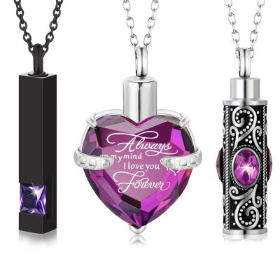 3 Pieces Cremation Urn Necklace for Ashes Vertical Bar Zircon, Heart Crystal Necklace Urn Stainless Steel Waterproof Memorial Pendant(Purple Zircon)