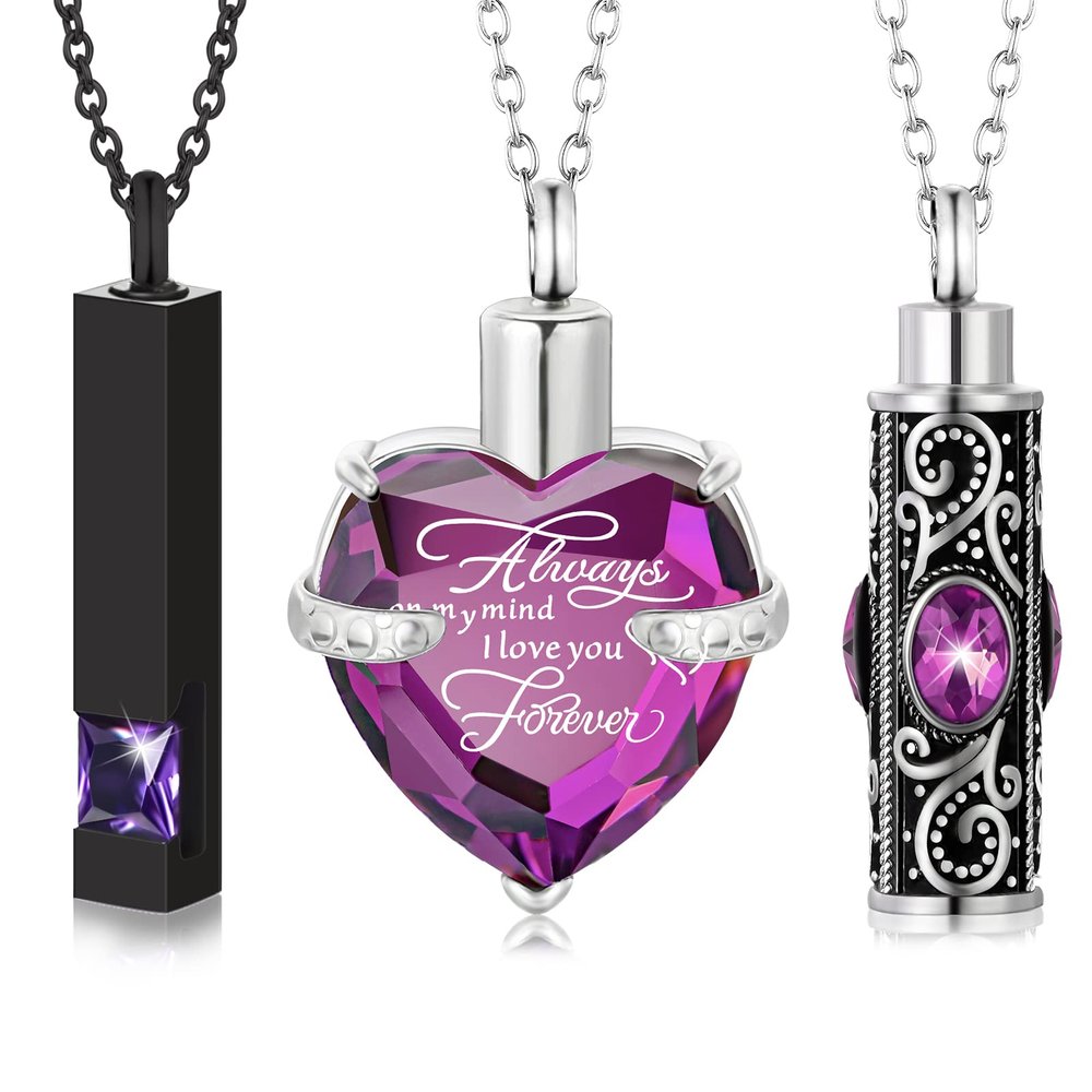 3 Pieces Cremation Urn Necklace for Ashes Vertical Bar Zircon, Heart Crystal Necklace Urn Stainless Steel Waterproof Memorial Pendant(Purple Zircon)