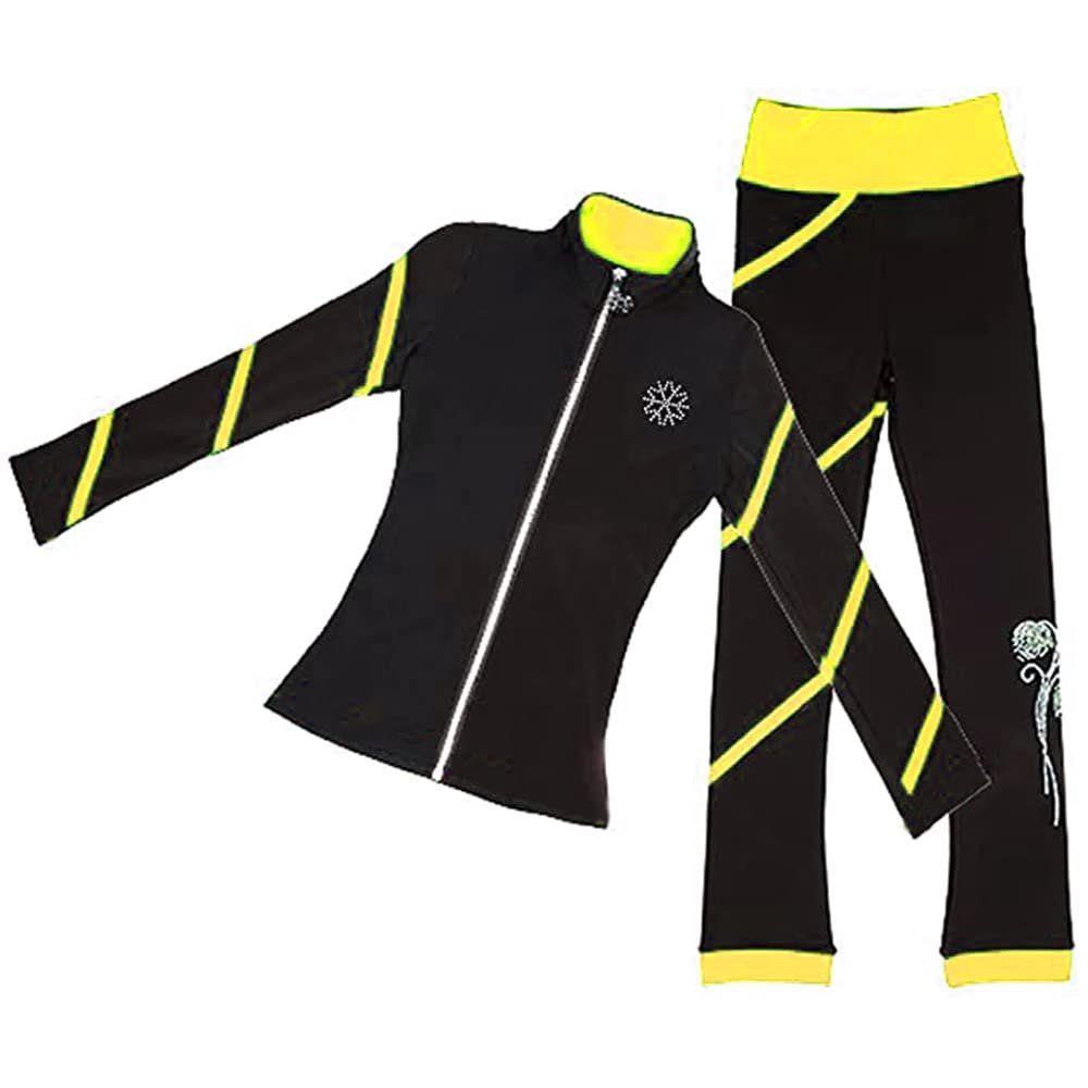 LIUHUO Figure Skating Spiral Jacket and Fleece Pants for Girls and Women - Yellow