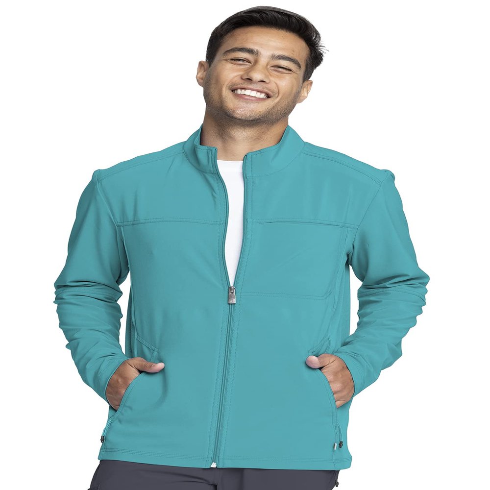 Cherokee Infinity Men's Zip Front Jacket Modern Fit Rib-Knit Panels with 3 Pockets and Knit Sleeve Panel Plus Size CK332A, 3X Teal Blue