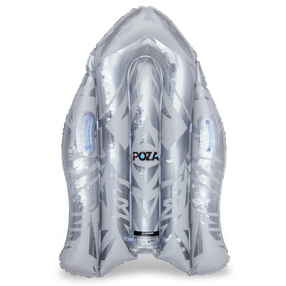 POZA Inflatable Silver Snow Boogie Sled Luxurious Snow Sled with Handles and Filled with Silver Snowflake Confetti Premium Heavy Duty Cold Resistant PVC Sled for Adults and Kids 44 Inch