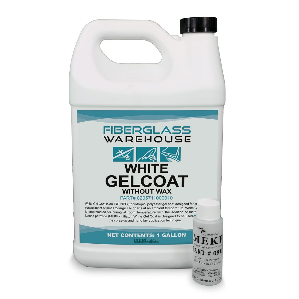 Fiberglass Warehouse Gel Coat 1 Gallon White Gelcoat (No Wax) with 2 oz MEKP Catalyst, Easy Application Modified Polyester Resin Durable and Safe Ideal for Repairs, Composite Coating