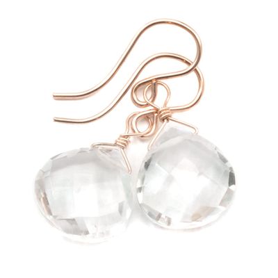 14K Rose Gold Filled Quartz Clear Earrings Faceted Heart Drops Simple Dainty Everyday Dangles