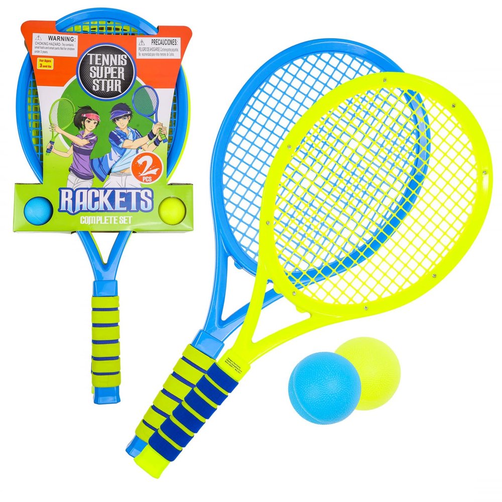 Kidplokio 2pc Tennis Racket Exercise Equipment Outdoor Playset with Tennis Balls, Kid Games, Blue Yellow, Boys, Ages 3+