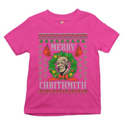 Merry Chrithmith Youth T-Shirt Boxer Mike Ugly Sweater Funny Christmas Kids Hot Pink Large
