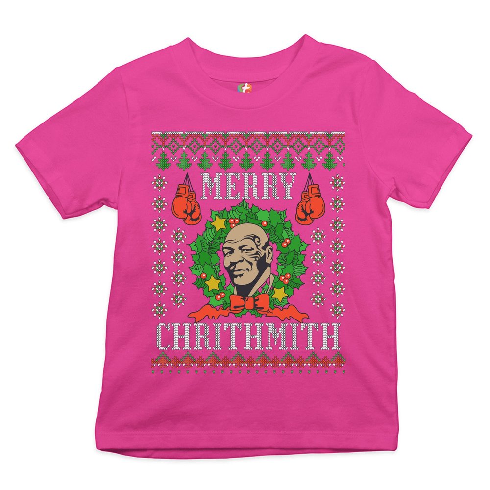 Merry Chrithmith Youth T-Shirt Boxer Mike Ugly Sweater Funny Christmas Kids Hot Pink Large