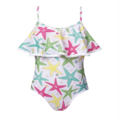 iiniim Kids Girls Floral Printed Tankini Swimsuit Ruffled Shoulder Straps Rash Guard Bathing Suit Swimwear White Starfish 6 Years